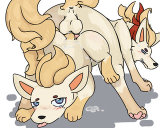 animal_genitalia animal_penis animal_vulva bodily_fluids cum cum_drip cum_inside dripping duo ejaculation female feral fur genital_fluids genitals happy happy_sex male male/female paws penis sex spread_legs spreading vulva yellow_body yellow_fur pinkcandyzhou roco_kingdom roco_kingdom:world canid canine canis domestic_dog mammal 5:4 hi_res