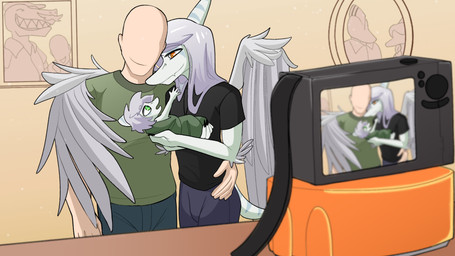 anthro bald biped black_clothing black_shirt black_topwear blue_body blue_scales bone_frill bottomwear camera canon_couple claws clothed clothed_anthro clothed_human clothed_male clothing crossgender denim denim_bottomwear denim_clothing elbow_feathers feathered_wings feathers femboy finger_claws fingers frill_(anatomy) ftm_crossgender green_clothing green_eyes green_shirt green_topwear grey_body grey_bottomwear grey_clothing grey_feathers grey_hair grey_pants group hair hand_on_hip happy human_on_anthro humanoid_hands interspecies jeans jewelry long_hair looking_at_another male male/male markings necklace neonate orange_eyes pants picture_frame romantic romantic_couple scales shirt short_hair short_tail side_hug smile standing striped_markings stripes tail topwear trio wings young young_anthro young_male cavemanon seven_(artist) third-party_edit cavemanon_studios goodbye_volcano_high ko_op_(game_developer) snoot_game anon_(snoot_game) fang_(gvh) green_(snoot_game) metal_gear_raymba moe_(snoot_game) ripley_(snoot_game) dinosaur human mammal prehistoric_species pterosaur reptile saurischian scalie theropod tyrannosaurid tyrannosauroid tyrannosaurus tyrannosaurus_rex 16:9 colored hi_res widescreen father_(lore) father_and_child_(lore) father_and_son_(lore) parent_(lore) parent_and_child_(lore) parent_and_son_(lore) son_(lore)