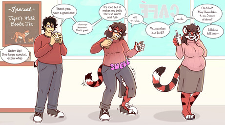alternate_costume anthro beverage big_breasts black_body black_fur black_hair breast_growth breasts brown_hair clothed clothing clothing_swap container cup dialogue drinking expansion female fur gender_transformation growth hair hair_growth long_hair male mtf_transformation orange_body orange_fur pregnant rapid_pregnancy slightly_chubby solo species_transformation speech_bubble tail tail_growth text thick_thighs thigh_expansion transformation transformation_sequence white_body white_fur snickerlewdles felid human mammal pantherine tiger absurd_res colored english_text hi_res sequence