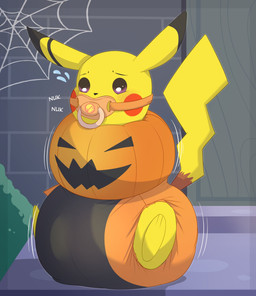 ambiguous_gender bdsm big_diaper bondage bound clean_diaper clothed clothing diaper diaper_fetish diapersuit food fruit holidays immobilization object_in_mouth pacifier pacifier_in_mouth plant pumpkin sitting solo wearing_diaper bunnykisses halloween nintendo pokemon generation_1_pokemon pikachu pokemon_(species) hi_res