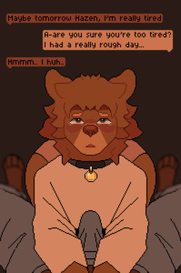 anthro barefoot biped blush bottomwear brown_body brown_eyes brown_fur clothed clothing collar dialogue duo erection erection_under_clothing feet fur looking_at_viewer male open_mouth pupils question_mark simple_background speech_bubble tenting text topwear mertvykhcrows hazen bear mammal english_text hi_res