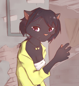 anthro black_body black_fur breasts clothing collar female fur hair inner_ear_fluff jacket long_hair nail outside pawpads skinny small_breasts solo topwear tuft wall_(structure) whiskers cdt2s mewgenics snowflake_(cdt2s) domestic_cat felid feline felis mammal hi_res