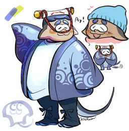 :3 anthro beanie blush chibi clothing grey_body hat headgear headwear male overweight overweight_male pupils simple_background slit_pupils smile solo speckled_body white_background celheim nintendo splatoon big_man_(splatoon) aquatic fish manta_ray ray_(fish) stingray stingray_humanoid