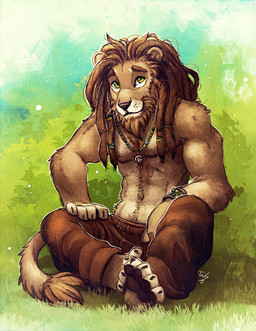 abs anthro barefoot biped black_nose brown_hair clothed clothing dreadlocks feet green_eyes hair looking_at_viewer male sitting smile solo topless noviraine felid lion mammal pantherine