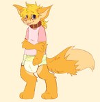 anthro blep blonde_hair blue_eyes clean_diaper clothed clothing collar diaper fur hair male nervous orange_body orange_fur paws shirt simple_background solo standing tongue tongue_out topwear wearing_diaper wetness_indicator yellow_background crinklemo canid canine fox mammal hi_res