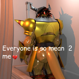 anthro armor bathtub butt claws clothed clothing headgear helmet male muscular muscular_anthro muscular_male orange_body shower_head solo text winterdraco bandai_namco digimon everyone_is_so_mean_to_me digimon_(species) wargreymon 1:1 3d_(artwork) comic_sans digital_media_(artwork) english_text hi_res meme