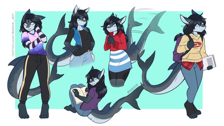 4_toes 5_fingers anthro armwear backpack barefoot belt black_hair blue_eyes blush bottomwear claws clothed clothing denim denim_bottomwear denim_clothing ear_piercing feet female fingers fully_clothed hair holding_object hoodie jeans long_hair pants pattern_armwear pattern_clothing pencil_(object) piercing shirt simple_background sketchbook smile solo striped_armwear striped_clothing stripes tail tail_motion tailwag text toe_claws toes topwear vest writing_utensil ambris erika_(ambris) aquatic fish shark 16:9 2021 absurd_res digital_media_(artwork) hi_res url widescreen