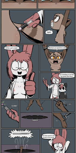 4_fingers anthro areola areola_slip bodily_fluids bound breasts butt clothed clothing controller cute_fangs cybernetics eyewear fangs female fingers forced gesture glasses group hand_gesture helpless imminent_death machine male mechanical_arm nipples nude pain panties partially_clothed peril pushbutton remote_control restrained screaming side_boob size_difference syringe tears teeth text thumbs_up trio underwear wince e254e dr._emilia_(e254e) emil_(e254e) canid canine cyborg fox lagomorph leporid mammal procyonid rabbit raccoon absurd_res english_text hi_res