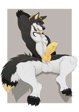 animal_genitalia animal_penis anthro balls bedroom_eyes belly belly_tuft big_balls big_penis black_body canine_genitalia canine_penis erection genitals glowing hand_behind_head knot looking_at_viewer male markings muscular narrowed_eyes nude open_mouth penis seductive sheath simple_background smile solo tongue tongue_out tuft white_balls white_belly white_sheath yellow_markings yellow_penis sellon fenris_ragnulf canid canine dire_wolf mammal prehistoric_species absurd_res hi_res