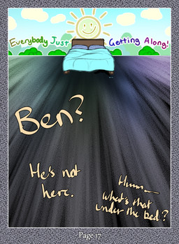 anthro bed bed_sheet bedding bedroom exclamation_point first_person_view front_view furniture male offscreen_character offscreen_male pillow question_mark shadow solo text under_bed young young_anthro young_male zero_pictured dasherslash andy_(dasherslash) mammal mustelid otter 2025 comic digital_media_(artwork) english_text hi_res