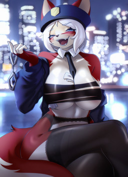 4_fingers anthro areola areola_slip bandeau big_breasts biped black_bandeau black_clothing black_legwear black_necktie black_thigh_highs black_topwear blue_clothing blue_eyes blue_hat blue_headwear blue_jacket blue_topwear blurred_background blush bottomless bottomless_anthro bottomless_female breasts brown_nose clothed clothed_anthro clothed_female clothing crossed_legs cuff_(restraint) eyebrow_through_hair eyebrows eyelashes fangs female female_anthro fingerless_(marking) fingerless_gloves_(marking) fingers frilly frilly_clothing frilly_legwear frilly_thigh_highs fur garter_belt garter_straps glistening glistening_body glistening_breasts glistening_eyes gloves_(marking) hair handcuffs hat headgear headwear holding_handcuffs holding_object jacket legwear lingerie looking_at_viewer markings metal_cuffs multicolored_body multicolored_fur multicolored_tail necktie open_clothing open_jacket open_mouth open_smile open_topwear outside police police_hat red_body red_fur red_tail restraints shirt_collar sitting smile smiling_at_viewer solo tail teeth thigh_highs tongue topwear torn_clothing torn_topwear translucent translucent_clothing translucent_hair translucent_legwear translucent_thigh_highs two_tone_body two_tone_fur white_body white_fur white_hair white_inner_ear white_tail sk3tchk4t fractile_soriah canid canine domestic_cat felid feline felis fox hybrid mammal 2025 absurd_res digital_media_(artwork) hi_res