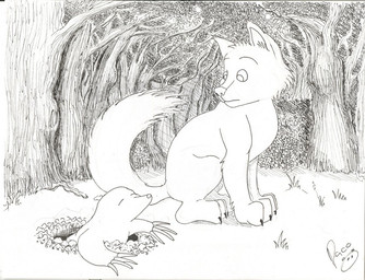 ambiguous_feral ambiguous_gender black_claws cheek_tuft claws duo eyebrows facial_tuft feral grass hole_(pit) mouth_closed plant quadruped side_view sitting tail tree tuft pandapaco canid canine eulipotyphlan mammal mole_(animal) monochrome sketch