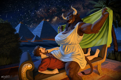 anthro beard big_breasts blue_eyes breasts brown_body brown_fur brown_hair clothing detailed_background duo egyptian facial_hair female fur hair horn human_on_anthro husband_and_wife interspecies interspecies_romance larger_anthro larger_female male male/female male_on_anthro married_couple milky_way night outside pyramid romantic romantic_couple size_difference smaller_human smaller_male smile star toga ewademar european_mythology greek_mythology mythology nihea_avarta numerius_ignius_bubulcus bovid bovine cattle human mammal minotaur hi_res