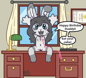 anthro certificate collar collar_only desk female furniture genitals implied_incest lamp leash leashed_collar loli nude offering_sex raised_arms sitting sitting_on_desk solo table vulva window young young_anthro bunnyqueen lagomorph leporid mammal rabbit