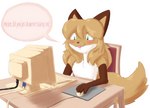 anthro blush chair computer_keyboard computer_monitor computer_mouse cute_fangs dialogue fangs female female_anthro furniture green_eyes hair left-handed nude sitting solo speech_bubble tan_hair teeth text conditional_dnp unknown_artist averi_(fiddleafox) canid canine fox mammal red_fox true_fox english_text