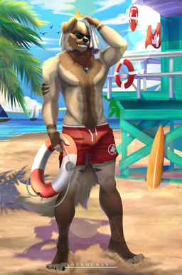 anthro beach bulge clothed clothing eyewear feet fingers fur holding_object holding_towel lifebuoy lifeguard lifeguard_tower male outside sand seaside smile solo standing sunglasses swim_ring swimming_trunks swimwear tail teeth toes topless topless_anthro topless_male towel water wet wet_body whistle_(object) nekochan002 canid canine canis domestic_dog mammal digital_media_(artwork) hi_res