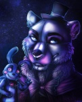 anthro black_nose blue_eyes bow_(feature) bow_tie clothing fur gesture grin happy hat headgear headwear looking_at_viewer machine puppet purple_eyes ribbon_tie scarf smile star stare teeth toy waving five_nights_at_freddy's scottgames sister_location funtime_freddy_(fnafsl) hex puppet_bonnie_(fnafsl) animatronic bear lagomorph leporid mammal rabbit robot