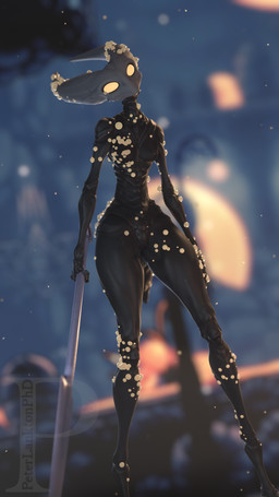 anthro arthropod_abdomen black_body black_eyes blurred_background breasts corruption exoskeleton female glowing glowing_eyes horn looking_at_viewer melee_weapon nipples nude orange_eyes polearm solo spear stinger weapon white_head white_horn peterlangtonsfm ghost0fonyx_(modeler) hollow_knight_(franchise) team_cherry hornet_(hollow_knight) the_infection_(hollow_knight) arthropod humanoid infected_(species) insect 3d_(artwork) 9:16 digital_media_(artwork) hi_res