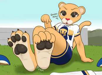 4_toes 5_fingers anthro barefoot bedroom_eyes black_pawpads brown_eyes claws clothing crossed_legs curling_toes feet female fingers foot_focus football_field football_gear footwear fur grass lightened_soles looking_at_viewer mascot narrowed_eyes orange_body orange_fur pawpads paws plant red_nose seductive shoes soccer_uniform socks soles solo sportswear talking_to_viewer text toe_claws toes uniform wrinkled_feet wrinkles mr_fuwa club_universidad_nacional dhl liga_mx goya_(pumas_unam) felid feline lion mammal pantherine absurd_res hi_res spanish_text translated