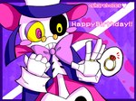 blush blush_stickers bone bow_tie clenched_teeth clothing eyewear glasses hat headgear headwear heart_symbol heterochromia jewelry long_sleeves purple_background ring simple_background skeleton star teeth text top_hat m_battler puyo_puyo sega oshare_bones 2010 english_text