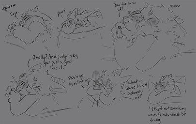 ambiguous_gender anthro bed bedding blanket blush cheek_to_cheek cheek_tuft chest_tuft dialogue duo ear_piercing facial_tuft furniture horn hug looking_pleasured mask pawpads paws piercing pillow rubbing shy simple_background sleeping sleeping_together smile text tuft sabiksphinx asian_mythology chinese_mythology east_asian_mythology fabulous_beasts fenz_(studio) mythology sibuxiang_the_deer_(fabulous_beasts) tuye_(fabulous_beasts) deer lagomorph mammal moon_rabbit comic english_text hi_res monochrome sketch