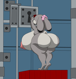 anthro areola big_breasts big_butt breasts butt countershading dipstick_ears ear_markings female female_anthro fur grey_body grey_fur holding_object huge_breasts huge_butt hyper hyper_breasts lock lockpicking multicolored_ears nipples nude rear_view shipping_container solo standing_on_box standing_on_tiptoes thick_thighs unlocking marshall123x_(artist) disney zootopia judy_hopps european_rabbit lagomorph leporid mammal oryctolagus rabbit 2025 absurd_res hi_res