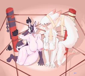 anthro areola big_areola big_breasts breasts cloak clothing curvy_figure dark_body duo eyeless female fingers fire fluffy fur huge_breasts ineffective_clothing kemono looking_at_viewer magic_user markings mask mostly_nude nipple_outline nude open_mouth open_smile pasties pink_body presenting presenting_breasts simple_background slightly_chubby smile tail tail_mouth teasing teeth text thick_thighs tongue unusual_anatomy unusual_tail voluptuous white_body mangakitsune2 amaverse asian_mythology east_asian_mythology japanese_mythology mythology haumi kofuku canid canine demon fox ghost mammal monster mythological_canine mythological_creature mythological_fox spirit yokai absurd_res hi_res