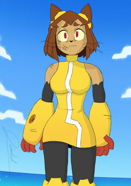 anthro armor armwear black_armwear black_clothing black_legwear brown_body brown_hair bruised bruised_arm bruised_face clothing eyewear eyewear_on_head female gauntlets gloves goggles goggles_on_head hair handwear legwear short_hair sleeveless_clothing solo standing stare ziembol gameoverse glitch_productions kit_bodega domestic_cat felid feline felis mammal absurd_res hi_res signature