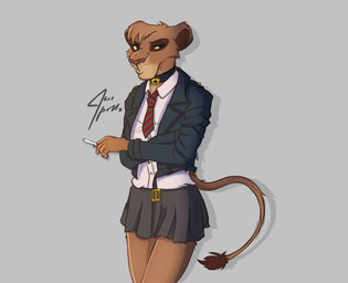 anthro cigarette clothing collar crossed_arms female leather leather_clothing leather_topwear school_uniform solo topwear uniform jace_apollo disney the_lion_king vitani_(the_lion_king) felid lion mammal pantherine