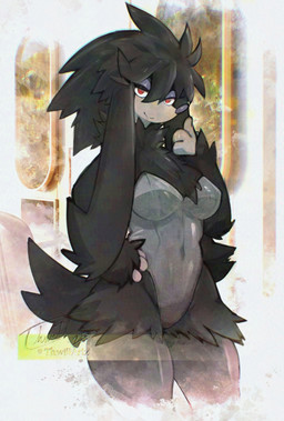 anthro black_body black_fur black_tail breasts clothed clothing female fingers fluffy fur grey_clothing medium_breasts narrowed_eyes red_eyes smile tail thwillartz nintendo pokemon canid canine furfrou generation_6_pokemon mammal natural_furfrou pokemon_(species) shiny_pokemon hi_res