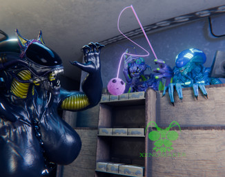 antennae_(anatomy) blue_eyes cat_ear_headband cat_toy compound_eyes female leaning_on_object looking_at_viewer male purple_body store yuzu_xeno xenomaker_(artist) nes67911_(modeler) xenomaker_(modeler) alien_(franchise) ex-oh_(xenomaker) alien alien_humanoid animal_humanoid arthropod arthropod_humanoid humanoid insect insect_humanoid xenomorph 3d_(artwork) absurd_res blender_(artwork) blender_cycles_(artwork) digital_media_(artwork) hi_res