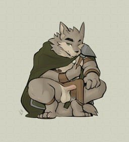 ankle_band anthro armor balls bottomwear cape clothing crouching erection erection_under_loincloth fur genitals green_cape green_clothing green_eyes grey_body grey_fur ineffective_clothing ineffective_loincloth jewelry loincloth male necklace one_eye_closed pauldron penis simple_background solo tenting wristband tohfu far_beyond_the_world_(series) ranok_(far_beyond_the_world) canid canine canis mammal wolf hi_res