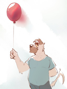 anthro black_nose blue_clothing blue_shirt blue_t-shirt blue_topwear bottomwear clothed clothing floppy_ears front_view fur glistening glistening_eyes glistening_nose grey_bottomwear grey_clothing grey_pants hand_behind_back holding_balloon looking_up male male_anthro mouth_closed pants shirt simple_background solo standing t-shirt tail tan_body tan_fur tan_tail topwear white_background chocolateandmilk canid canine mammal 2024 dated hi_res signature