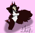 anthro athletic bed_sheet bedding big_tail bone brown_hair clothing female hair huge_tail mask paws pose red_body relaxing skull skull_mask solo sweater tail topwear white_clothing white_sweater white_topwear cryptid_queen lilith_(cryptid_queen) canid canine canis jackal mammal pinup