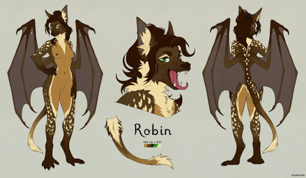 anthro big_ears breasts brown_body brown_fur brown_hair dark_hair ear_piercing fangs female fluffy_ears fur green_eyes hair long_fangs long_hair long_tail membrane_(anatomy) membranous_wings open_mouth paws piercing ponytail smile spots tail tail_tuft tan_body tan_fur teeth text tongue tongue_out tuft white_body white_fur wings tashiroth bat deer hybrid mammal absurd_res digital_media_(artwork) full-length_portrait headshot_portrait hi_res model_sheet portrait