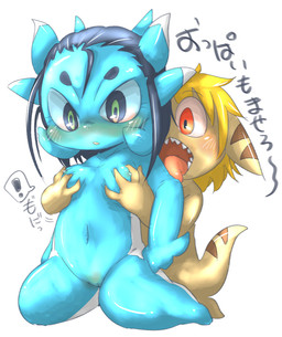 ambiguous_gender anthro black_hair blonde_hair blue_body blush breast_grab breasts brown_body chibi dialogue duo exclamation_point fangs female female/ambiguous female/female genitals grope hair hand_on_breast loli navel nipples non-mammal_breasts nude open_mouth sharp_teeth simple_background small_breasts teeth text tongue tongue_out vulva white_background young young_anthro young_female doneru reines_(doneru) tany_(doneru) bamfear scalie unknown_species 2015 japanese_text translated translated_description adult_(lore)