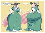 anthro armwear beak big_breasts big_butt breasts butt clothing cosplay dress elbow_gloves feathers female gloves green_clothing green_dress handwear hat headgear headwear huge_butt hyper hyper_butt panty_lines small_waist solo white_body white_feathers wide_hips jwinkz adult_swim cartoon_network unicorn:_warriors_eternal headmistress_(jwinkz) june_way avian bird cockatoo parrot hi_res