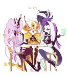 2_heads anthro chair clothed clothing dessert eyes_closed female food furniture group multi_head simple_background table text trio white_background yokichan013 helluva_boss mythology belphegor_(helluva_boss) leviathan_(helluva_boss) queen_bee-lzebub_(helluva_boss) bovid canid canid_demon canine caprine demon demon_humanoid hellhound humanoid hybrid mammal mythological_canine mythological_creature sheep english_text hi_res