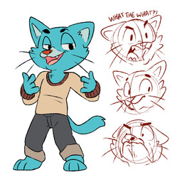 angry anthro black_eyebrows blue_body blue_ears blue_fur blue_tail bottomwear cheek_tuft clothing eyebrows facial_tuft fangs front_view fur grey_bottomwear grey_clothing grey_pants looking_aside male narrowed_eyes open_mouth open_smile pants pink_tongue red_nose simple_background smile solo tail tan_clothing tan_topwear teeth tongue topwear tuft unsigned whiskers white_background young young_anthro swampjaws cartoon_network the_amazing_world_of_gumball gumball_watterson domestic_cat felid feline felis mammal 1:1 hi_res multiple_images sketch