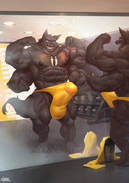 4_arms abs anthro barazoku barely_visible_genitalia barely_visible_penis biceps big_bulge big_muscles big_penis biped bottle bulge claws clothed clothing container detailed_background detailed_bulge digitigrade dumbbell erection erection_under_clothing flexing flexing_muscles fur genital_outline genitals glistening glistening_arms glistening_body glistening_clothing glistening_fur glistening_legs glistening_nose gym huge_bulge huge_muscles huge_penis inside jewelry looking_at_self male mirror multi_arm multi_limb muscular muscular_anthro muscular_male navel necklace nipples obliques open_mouth open_smile pecs penis penis_outline penis_poking_out pose quads reflection smile solo standing tattoo tenting thick_penis thong toe_claws towel underwear water_bottle weights year vorusuarts canid canine canis mammal wolf 2021 dated digital_media_(artwork) digital_painting_(artwork) hi_res painting_(artwork) shaded signature soft_shading
