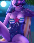 2019 5_fingers anthro anthrofied beach biped blush breasts butt butt_from_the_front clothing digital_media_(artwork) equid equine eyelashes female fingers friendship_is_magic full_moon hasbro hi_res horn light looking_at_viewer mammal moon moonlight my_little_pony mythological_creature mythological_equine mythology night one-piece_swimsuit outside purple_eyes seaside sitting solo spread_legs spreading swimwear text twilight_sparkle_(mlp) twistedscarlett60 url wet winged_unicorn wings