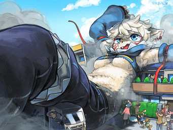anthro armwear belly blue_clothing blue_eyes blue_sky bodily_fluids breasts city_destruction clothing crop_top day destruction detached_sleeves dust extreme_size_difference female kemono lying macro macro_female midriff on_back outside red_ribbon shirt size_difference sky sweat sweatdrop tight_clothing topwear under_boob vehicle vehicle_destruction white_belly white_breasts utsuki_maito species_request 4:3