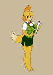 3_toes aligned_feet anthro arms_bent barefoot cardigan clipboard clothing dual_holding feet female holding_clipboard holding_object holding_pen holding_writing_utensil legs_together pen solo standing straight_legs string_bow toes tucked_arm writing_utensil wendel_fragoso animal_crossing nintendo isabelle_(animal_crossing) canid canine canis domestic_dog mammal shih_tzu toy_dog absurd_res hi_res lineless