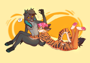 anthro black_body black_ears black_eyes black_fur black_tail_tip butt cross_pupils dipstick_tail duo floppy_ears fur grey_body grey_fur hair hooves horn horn_markings hug hugging_another hugging_from_behind male male_anthro markings multicolored_body multicolored_fur nude orange_body orange_fur pawpads paws pink_hair pink_pawpads pupils smile smiling_at_another stripes surprised tail tail_markings tawny_body tawny_fur teal_ears teal_markings white_body white_fur yellow_eyes yellow_pupils rizami dubba_(dubbagees) mini_(miniminmins) bovid caprine felid feline goat leopard_cat mammal prionailurus absurd_res hi_res male_(lore)