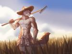 5_fingers abs anthro athletic black_nose blue_eyes body_hair bottomwear brown_body brown_fur brown_hair brown_nose brown_tail clothed clothing clothing_around_waist cloud day detailed_background eyebrows farmer featureless_chest fingers fist fur grass hair happy_trail hat headgear headwear holding_object holding_tool looking_away male multicolored_body multicolored_fur muscular muscular_anthro navel outside pants pattern_clothing plaid plaid_clothing plant rake sky smile solo standing straw_hat sun_hat tail tools topless torn_clothing white_body white_fur koul paul_(majin764) canid canine canis domestic_dog mammal 2019 4:3 digital_media_(artwork)