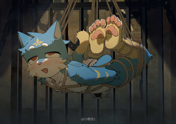 4_toes anthro balls bdsm blue_body blush bondage bound censor_bar chastity_cage chastity_device eye_roll feet genitals hands_behind_back hogtied kemono looking_pleasured male open_mouth pawpads prison restraints rope rope_bondage rope_harness slim solo suspension three-quarter_view toes torogao toye2004 felid feline mammal censored digital_media_(artwork) watermark