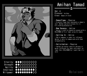 anthro biography bottomwear cigar clothed clothed_anthro clothed_male clothing fully_clothed fully_clothed_anthro fully_clothed_male fur hair hand_in_pocket male male_anthro mouth_closed pants pockets pronouns shirt smoke smoking solo stated_age stats text topwear melaisen amihan_(melaisen) akita canid canine canis domestic_dog mammal spitz 2023 absurd_res character_name digital_drawing_(artwork) digital_media_(artwork) english_text greyscale hi_res monochrome portrait three-quarter_portrait nonbinary_(lore)
