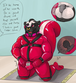 anal anal_penetration anthro bdsm biped black_body black_fur bodily_fluids bodysuit bondage bound brainwashing bulge buttplug chastity_bulge chastity_cage chastity_device clothed clothing collar cross-eyed dialogue drone drooling facial_piercing fur gimp_suit glistening harness hypnosis kneeling latex lock lock_bulge lock_symbol male mind_control multicolored_body multicolored_fur nose_piercing nose_ring null_bulge open_mouth open_smile outline overweight overweight_anthro overweight_male penetration permanent_chastity_device piercing pink_collar plug_(sex_toy) praise ring_piercing ringed_eyes saliva sex_toy simple_background skinsuit slave smile solo sound_effects speech_bubble spiral submissive submissive_male teeth text through_clothing tight_clothing two_tone_body two_tone_fur vibrator white_body white_fur plaguedobsession tagskunk mammal mephitid skunk 2018 absurd_res digital_media_(artwork) english_text hi_res