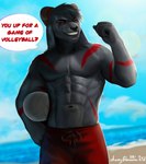 abs anthro ball beach clothing dark_body dark_fur fur fur_markings grey_body grey_fur grin horn male markings muscular muscular_male navel orange_eyes pecs red_markings seaside smile solo speech_bubble swimming_trunks swimwear volleyball_(ball) cherry_blossom_kid cassius_lewandowskiago bovid caprine goat humanoid mammal 2021 absurd_res hi_res