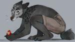 16:9 anthro avian bird bottomwear brown_body brown_fur canid canine canis clothed clothing crouching digitigrade fur hindpaw hriscia looking_at_viewer male mammal paws shorts simple_background smile solo tattoo topless whiskers wolf